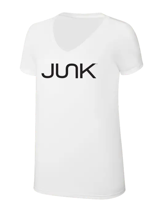 Womens Simply Soft V-Neck White 4.5oz  Poly/Combed Ring Spun Cotton T-Shirt w/Junk Logo