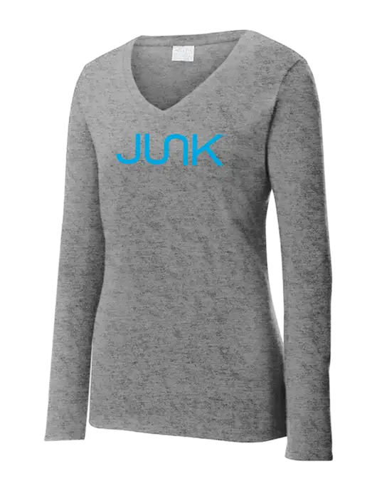 Womens  V-Neck Ring Spun Grey Heather 4.5 oz Long Sleeve T-Shirt w/Junk Logo