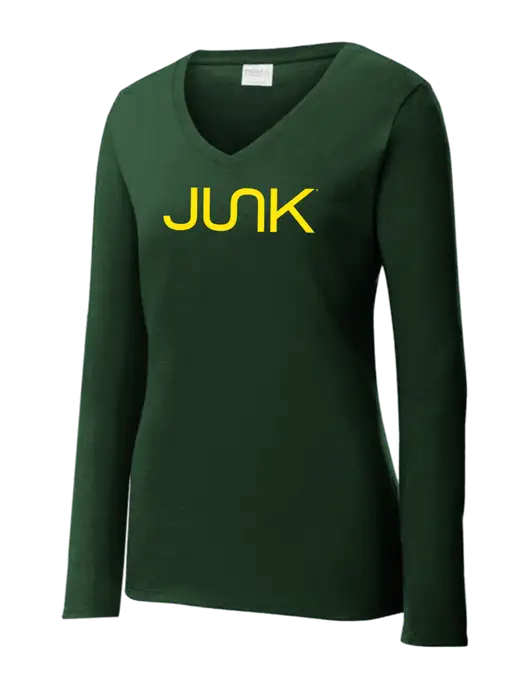 Womens  V-Neck Ring Spun Forest Green 4.5 oz Long Sleeve T-Shirt w/Junk Logo