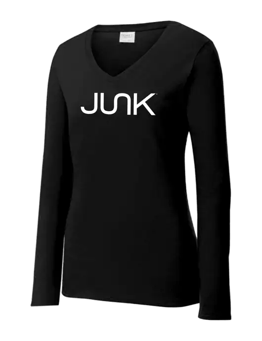 Womens V-Neck Ring Spun Jet Black 4.5 oz Long Sleeve T-Shirt w/Junk Logo