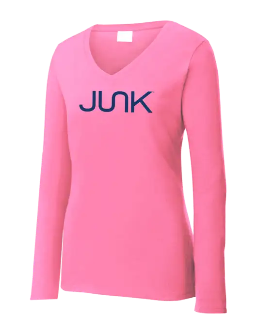 Womens  V-Neck Ring Spun Pink 4.5 oz Long Sleeve T-Shirt w/Junk Logo