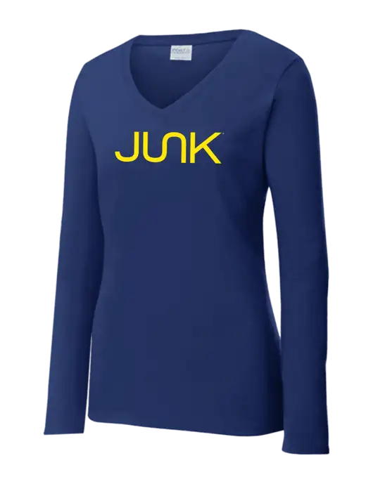 Womens  V-Neck Ring Spun Navy 4.5 oz Long Sleeve T-Shirt w/Junk Logo