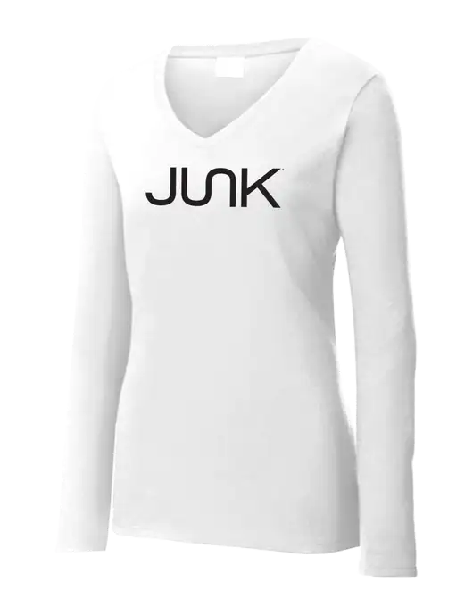 Womens  V-Neck Ring Spun White 4.5 oz Long Sleeve T-Shirt w/Junk Logo