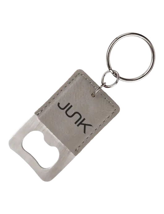 Grey Leatherette Rectangle Bottle Opener Keychain w/Junk Logo