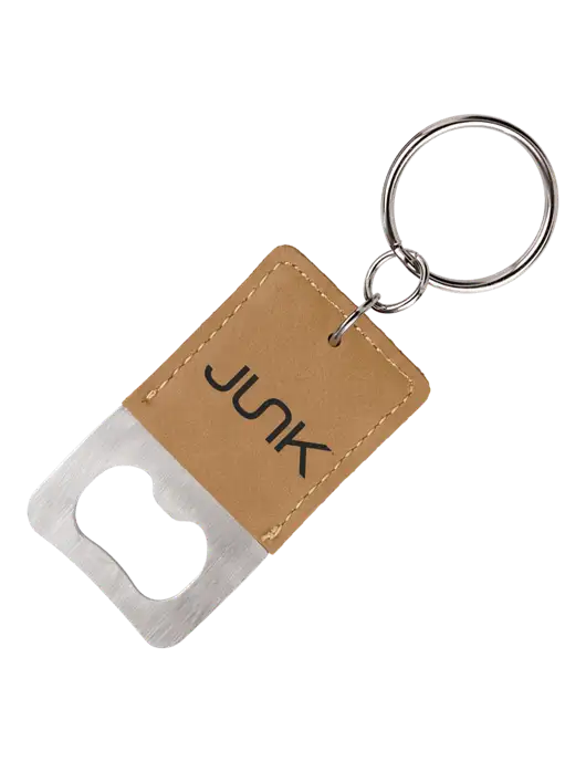 Tan Leatherette Rectangle Bottle Opener Keychain w/Junk Logo