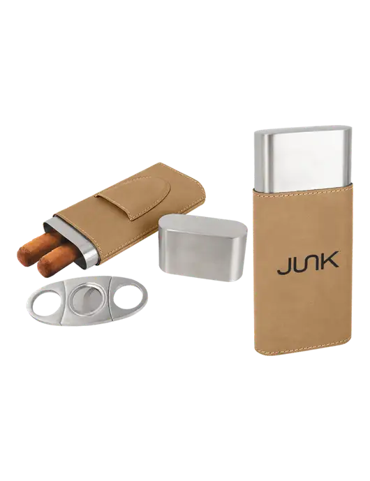 Tan Leatherette Cigar Case with Cutter w/Junk Logo