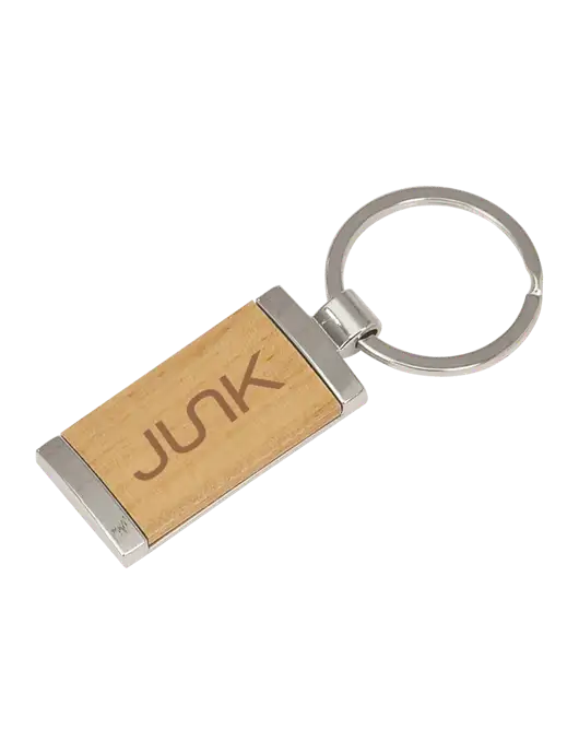 Wood & Silver Rectangle Keychain w/Junk Logo
