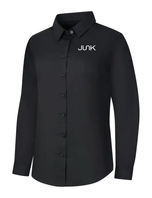 Womens Black Long Sleeve Carefree Poplin Shirt w/Junk Logo